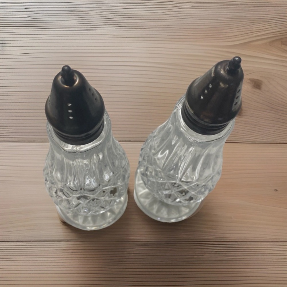 Classic Glass Salt and Pepper Shaker Set with silver plated Tops
